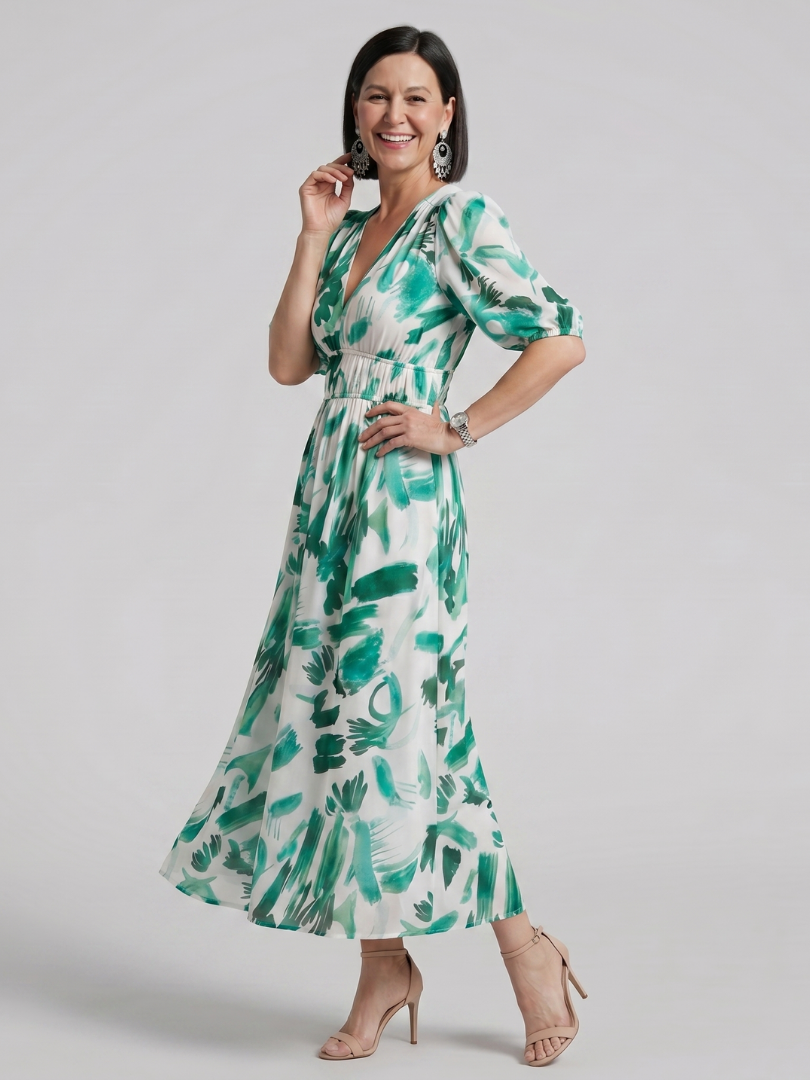 Candlia | Puff Sleeve V-Neck Abstract Print Mini Dress