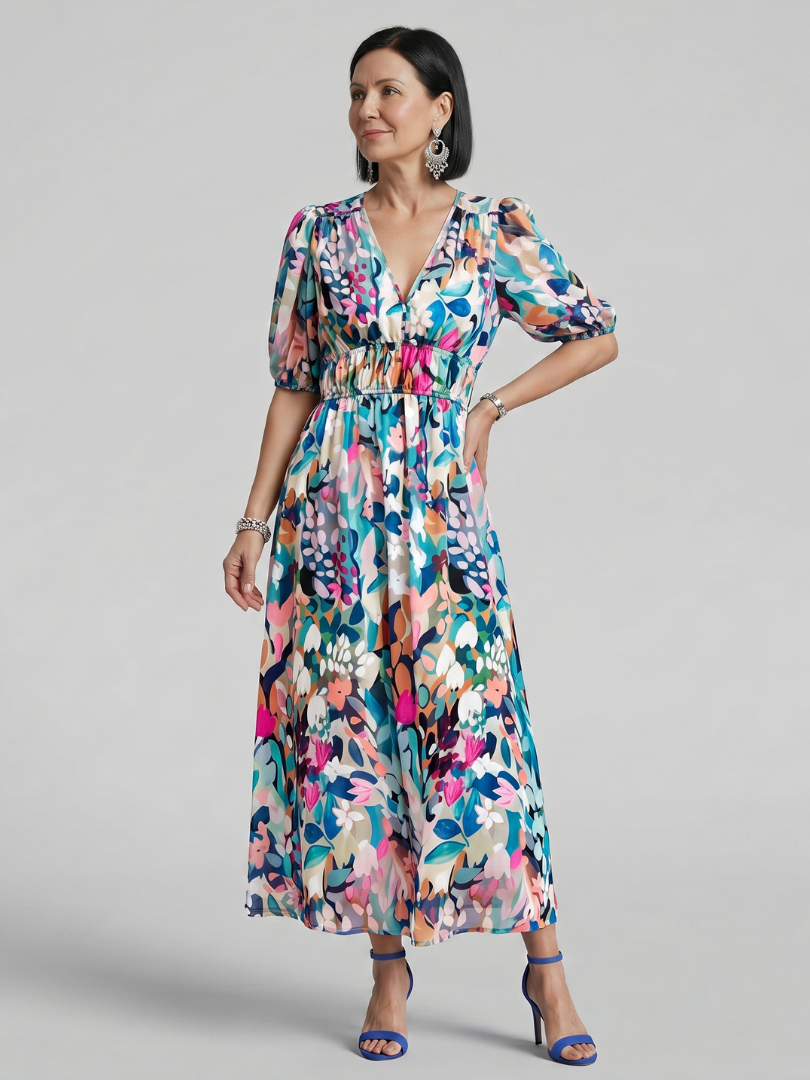 Candlia | Puff Sleeve V-Neck Abstract Print Mini Dress