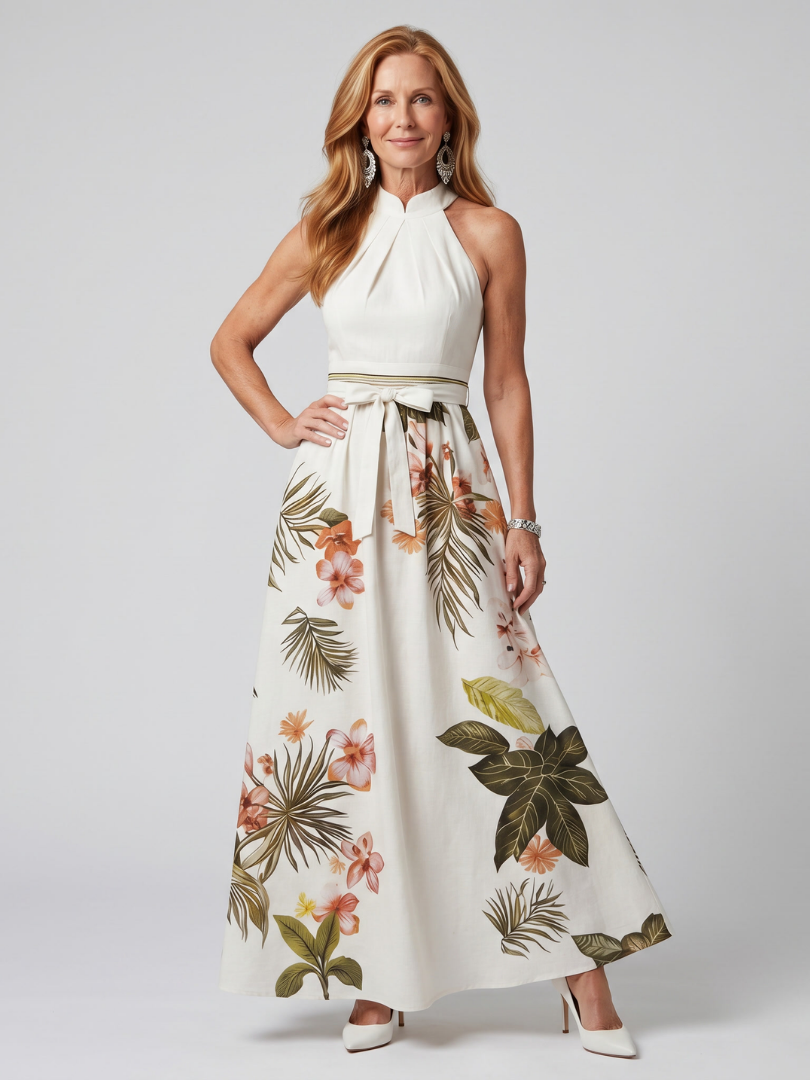 Meadow | Draped Halterneck Botanical Panel Maxi Dress