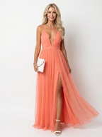 Tia | Deep V-Neck Strappy Pleated Maxi Dress