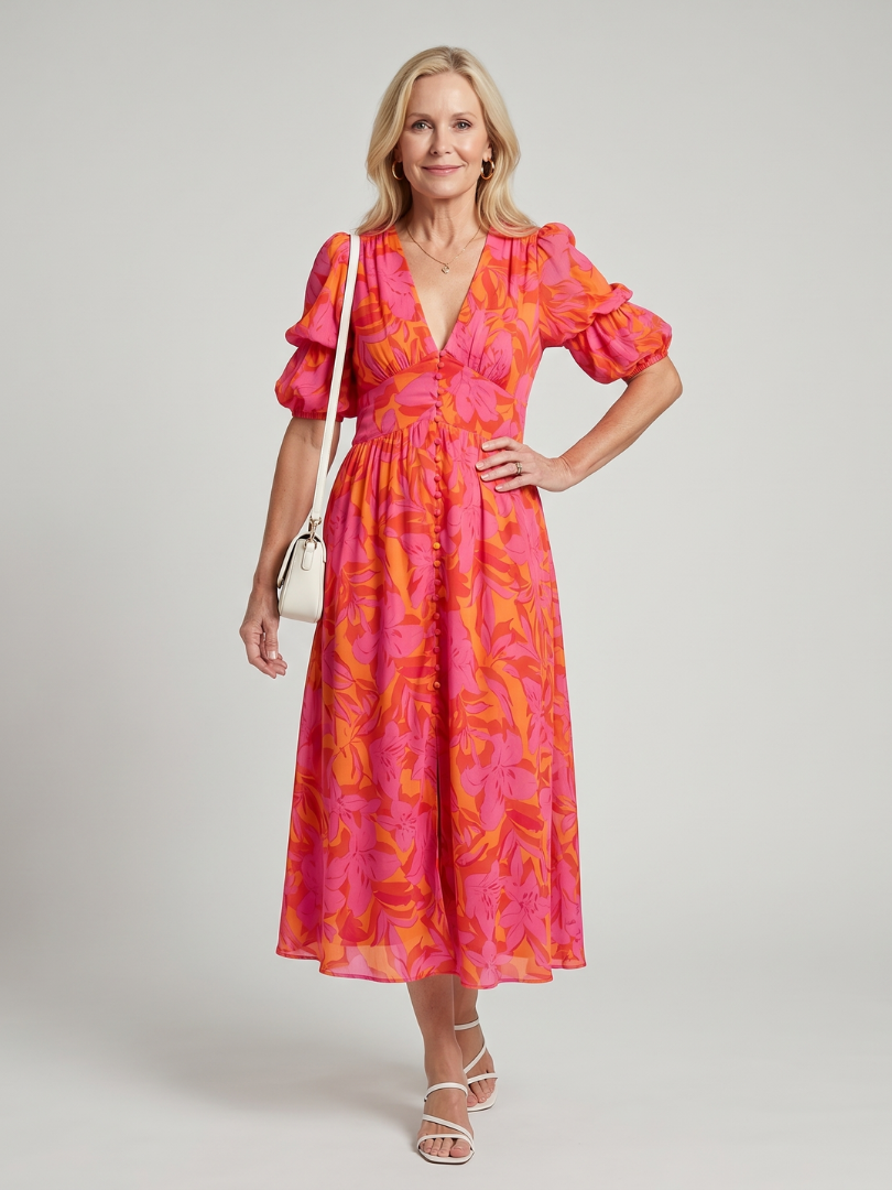 Zarelle | Puff Sleeve V-Neck Bold Floral Mini Dress