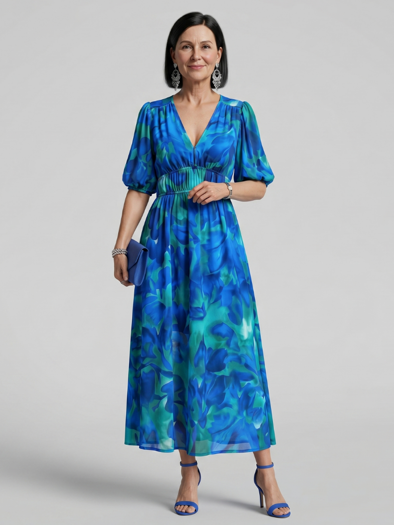 Candlia | Puff Sleeve V-Neck Abstract Print Mini Dress