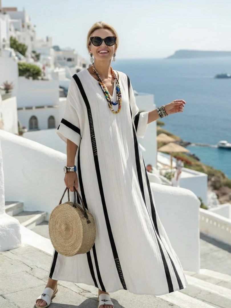 Elvienne | Short Sleeve Colour-Block Striped Maxi Dress