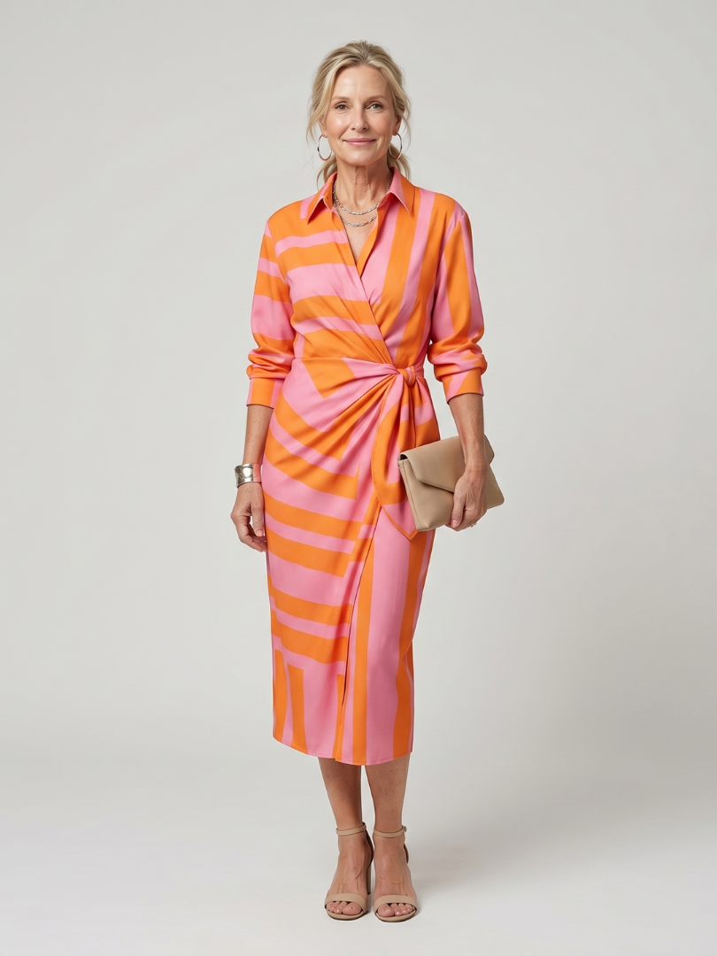 Leya | Long Sleeve Collared Wrap Striped Mini Dress