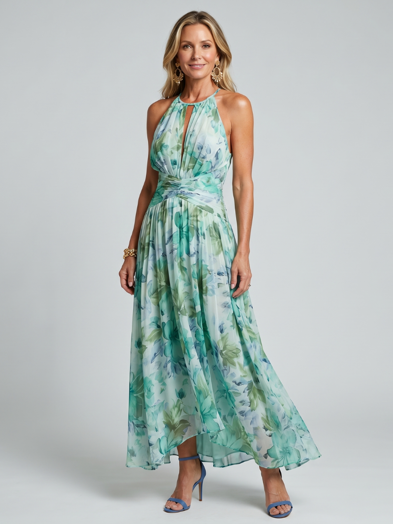 Portia | Pleated Halterneck Soft Floral Mini Dress