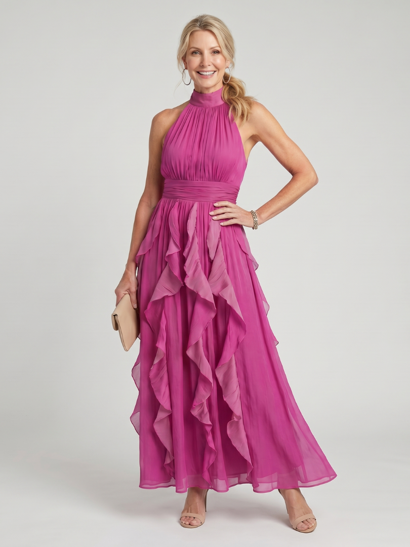 Orea | High Neck Ruched Ruffle Maxi Dress