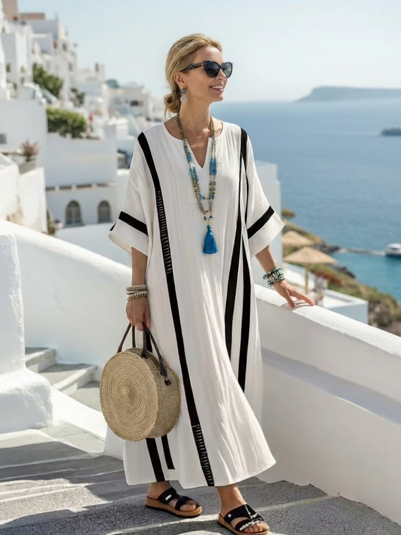 Elvienne | Short Sleeve Colour-Block Striped Maxi Dress