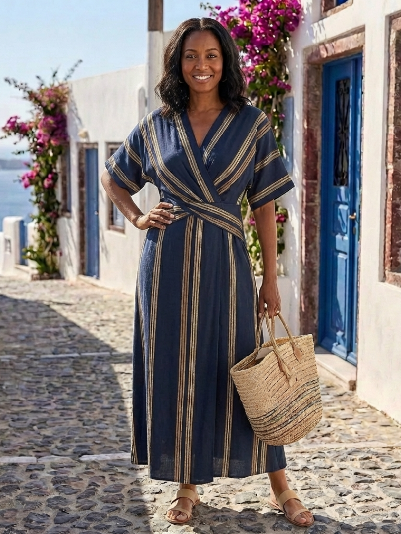 Saphira | V-Neck Short Sleeve Striped Wrap Mini Dress
