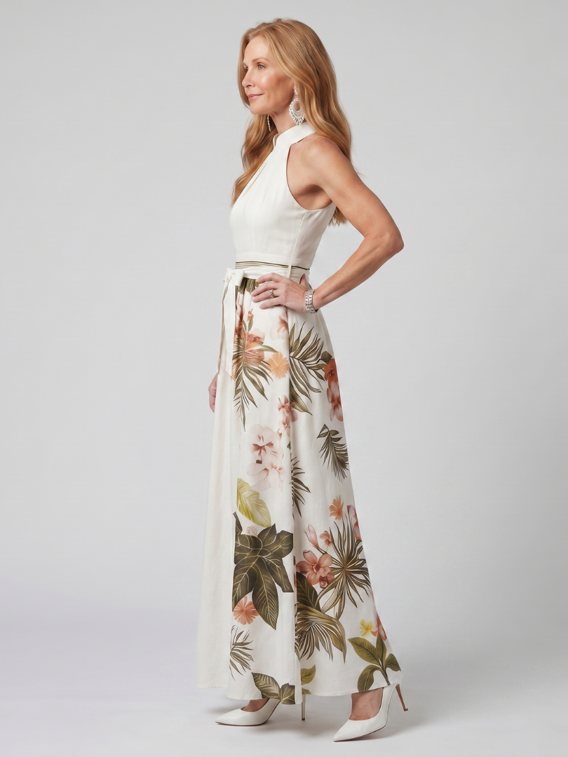 Meadow | Draped Halterneck Botanical Panel Maxi Dress