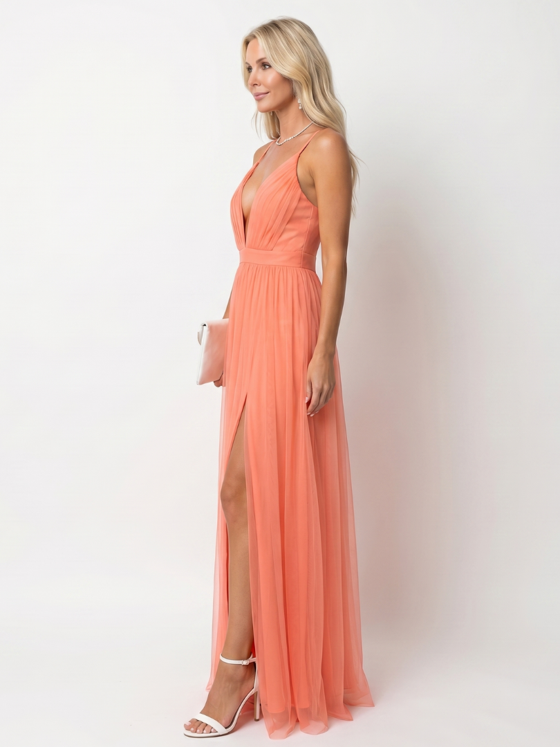 Tia | Deep V-Neck Strappy Pleated Maxi Dress