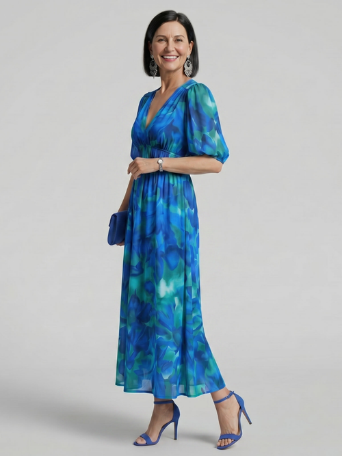 Candlia | Puff Sleeve V-Neck Abstract Print Mini Dress