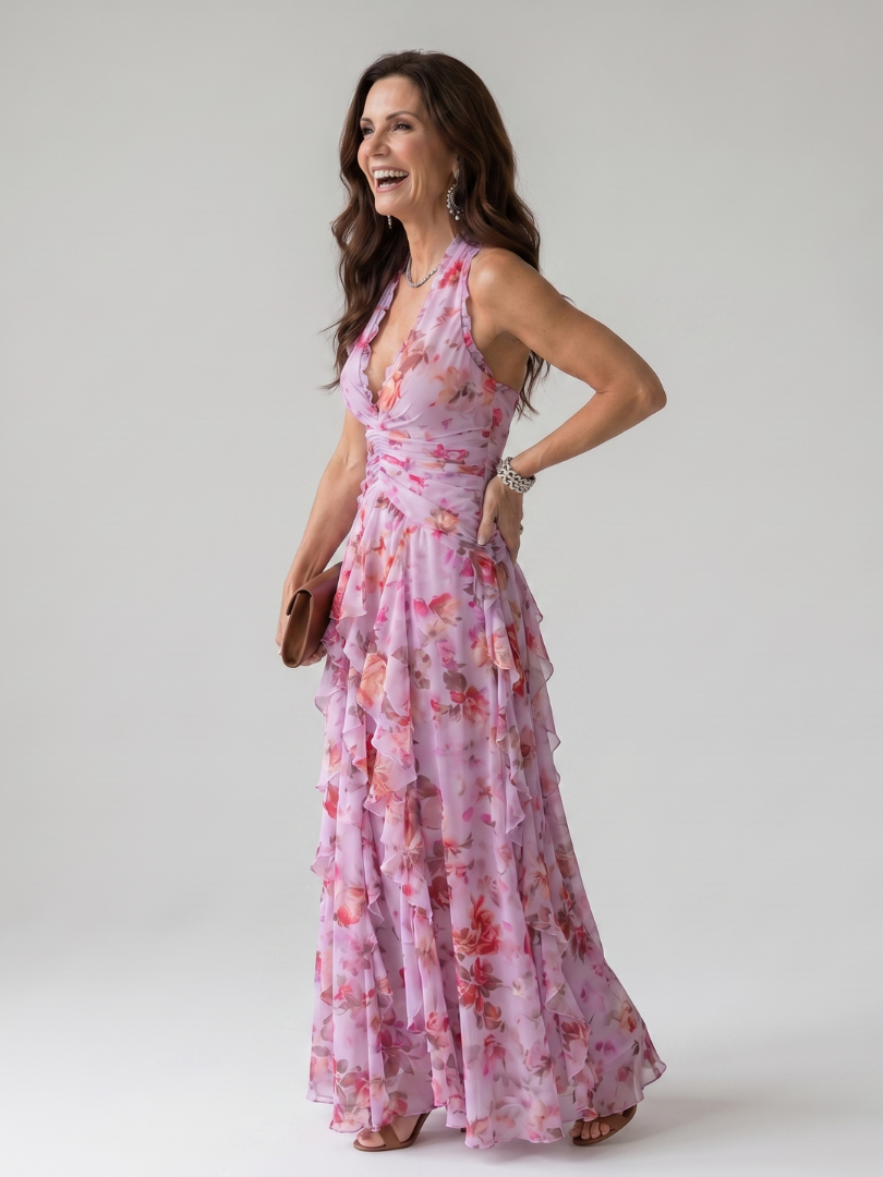 Nori | Halterneck Ruched Bodice Floral Maxi Dress
