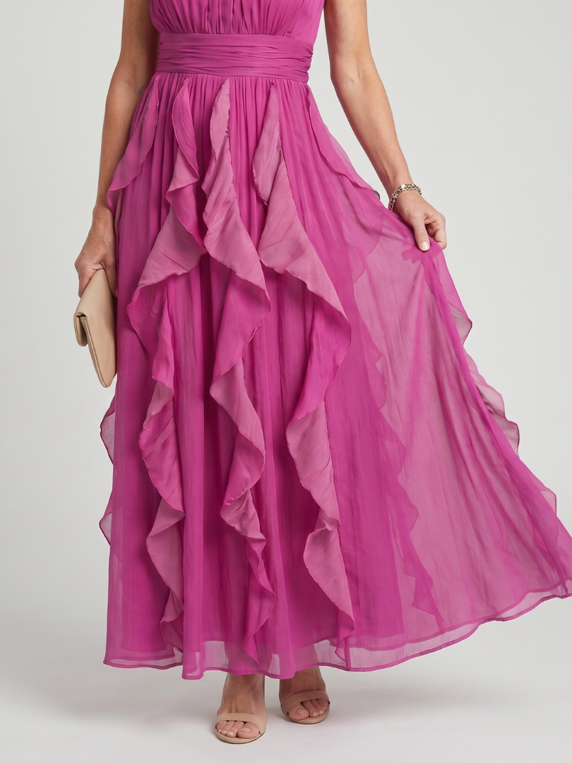 Orea | High Neck Ruched Ruffle Maxi Dress