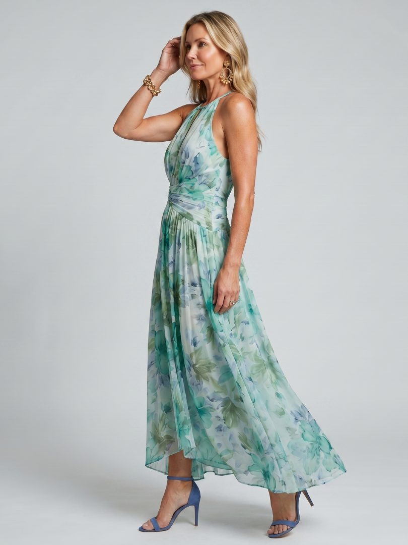 Portia | Pleated Halterneck Soft Floral Mini Dress