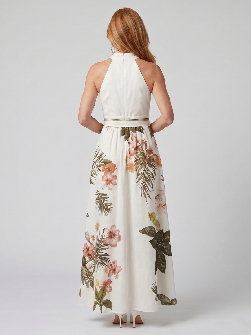 Meadow | Draped Halterneck Botanical Panel Maxi Dress