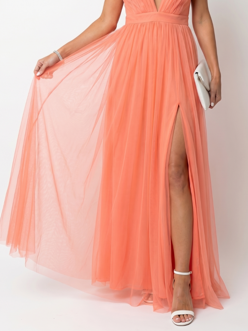 Tia | Deep V-Neck Strappy Pleated Maxi Dress