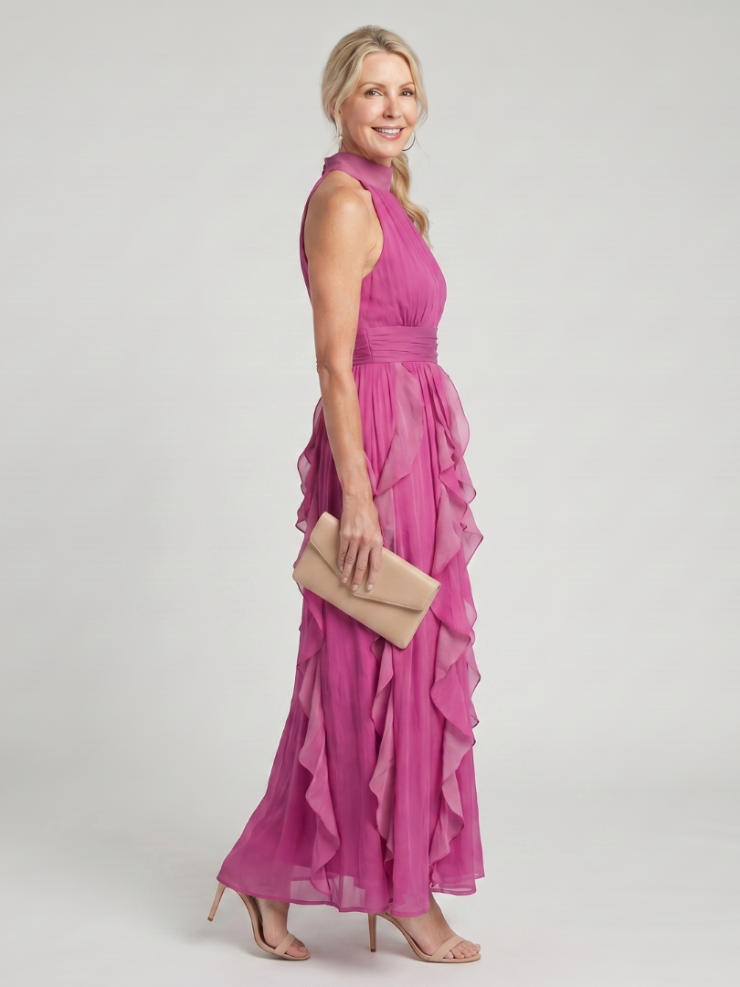 Orea | High Neck Ruched Ruffle Maxi Dress