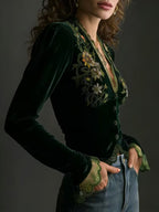 Nora | Long Sleeve Velvet Blouse with Embroidered Flowers