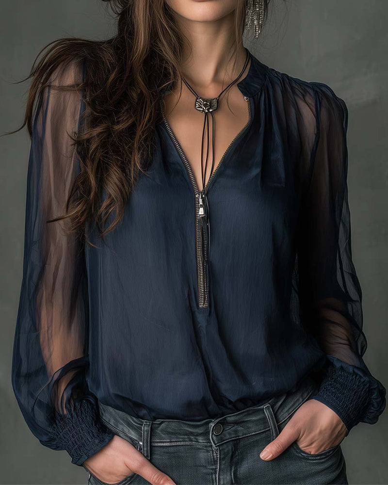 Helen | Half-Zip Long Sleeve Knit Blouse