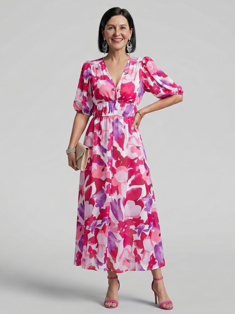 Candlia | Puff Sleeve V-Neck Abstract Print Mini Dress