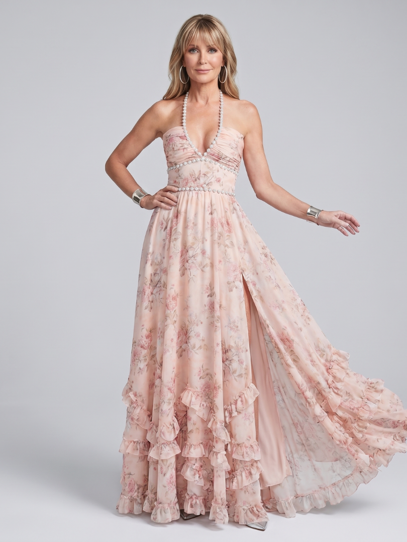 Alessia | Halterneck Floral Beaded Strap Maxi Dress