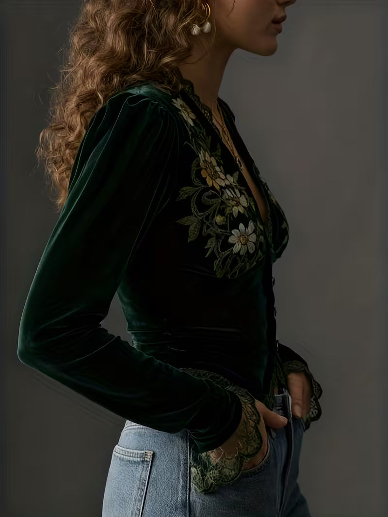 Nora | Long Sleeve Velvet Blouse with Embroidered Flowers