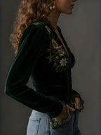 Nora | Long Sleeve Velvet Blouse with Embroidered Flowers