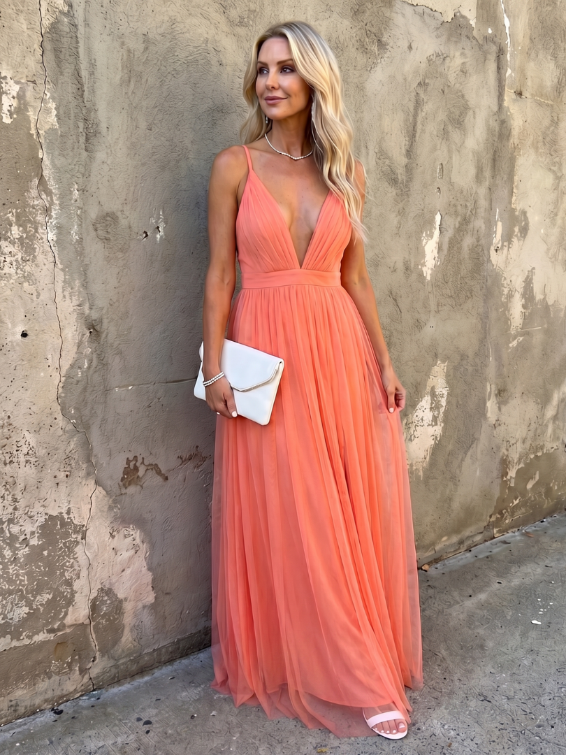 Tia | Deep V-Neck Strappy Pleated Maxi Dress