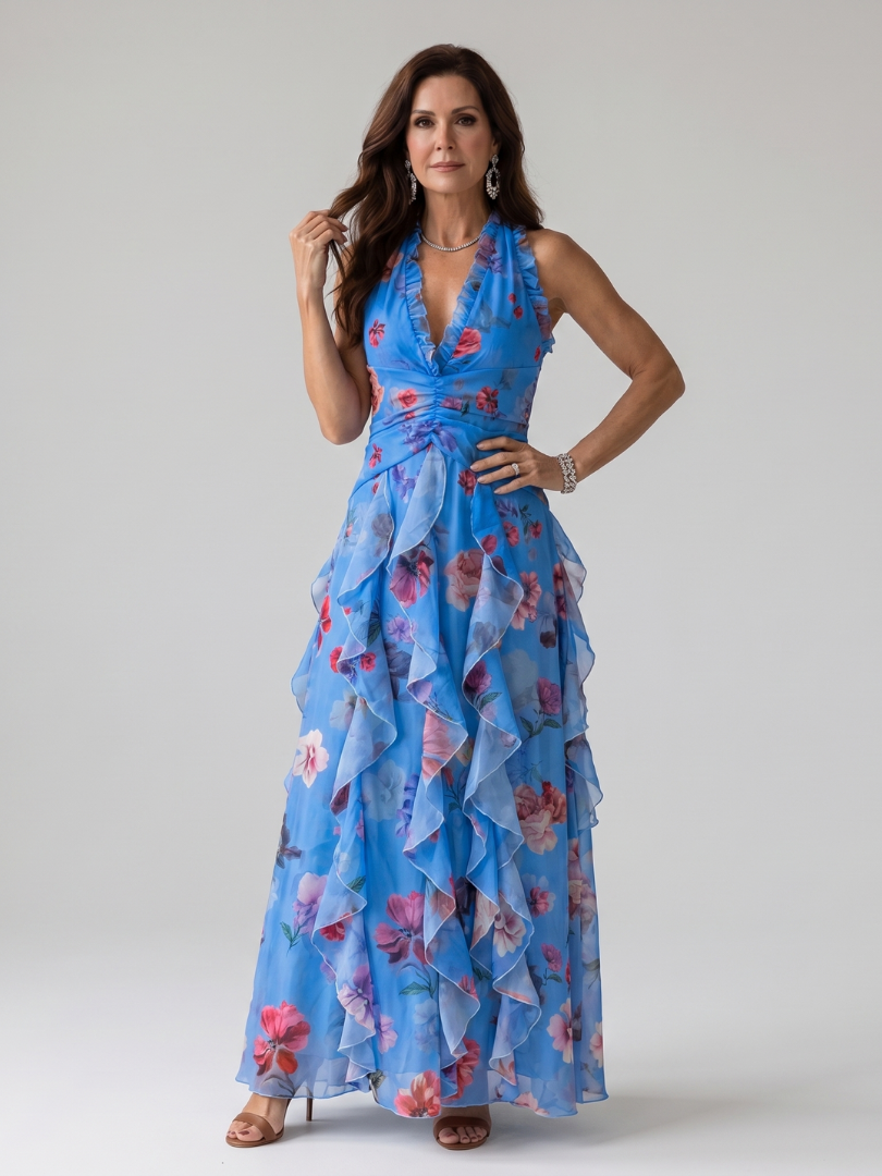 Nori | Halterneck Ruched Bodice Floral Maxi Dress