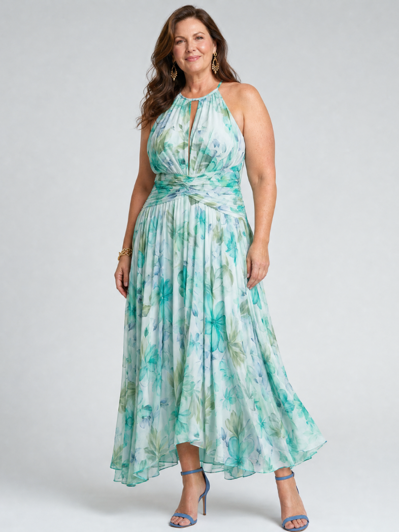 Portia | Pleated Halterneck Soft Floral Mini Dress