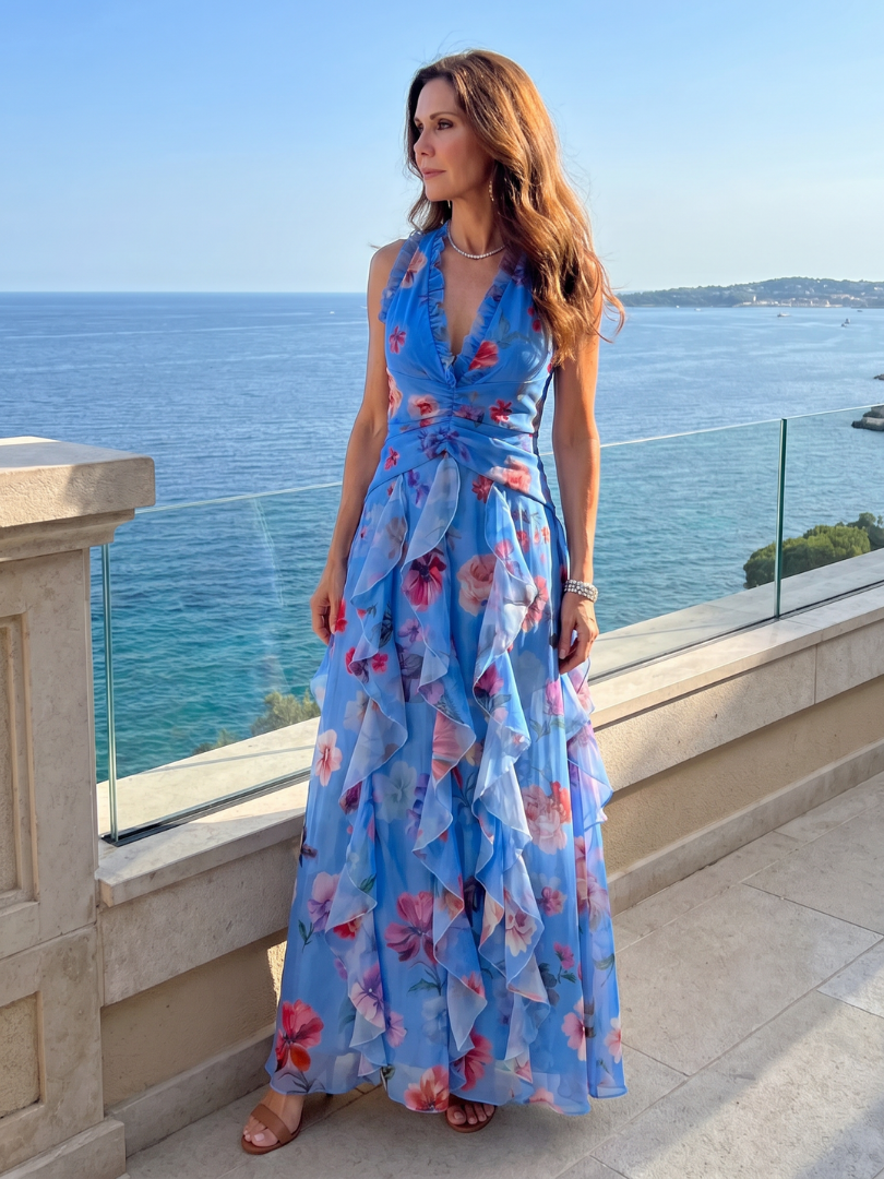 Nori | Halterneck Ruched Bodice Floral Maxi Dress