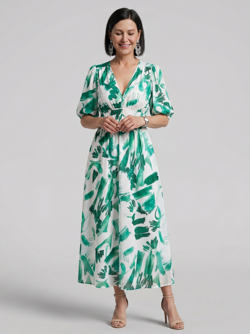 Candlia | Puff Sleeve V-Neck Abstract Print Mini Dress