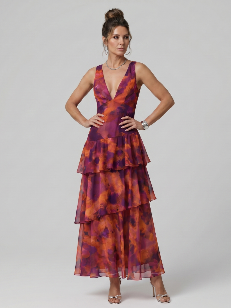 Gala | Deep V-Neck Sleeveless Painterly Print Mini Dress