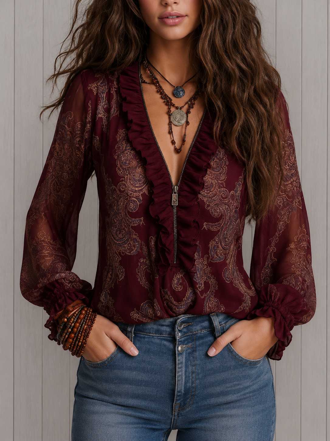 Elise | Baroque Paisley Ruffle Chiffon Blouse with Zip