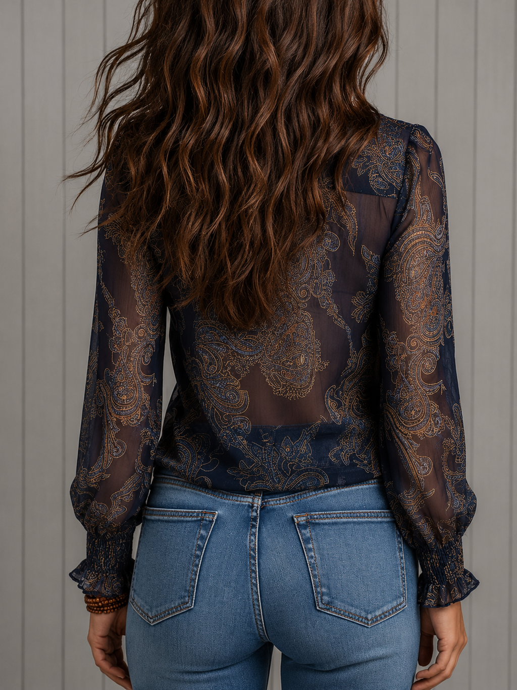 Elise | Baroque Paisley Ruffle Chiffon Blouse with Zip