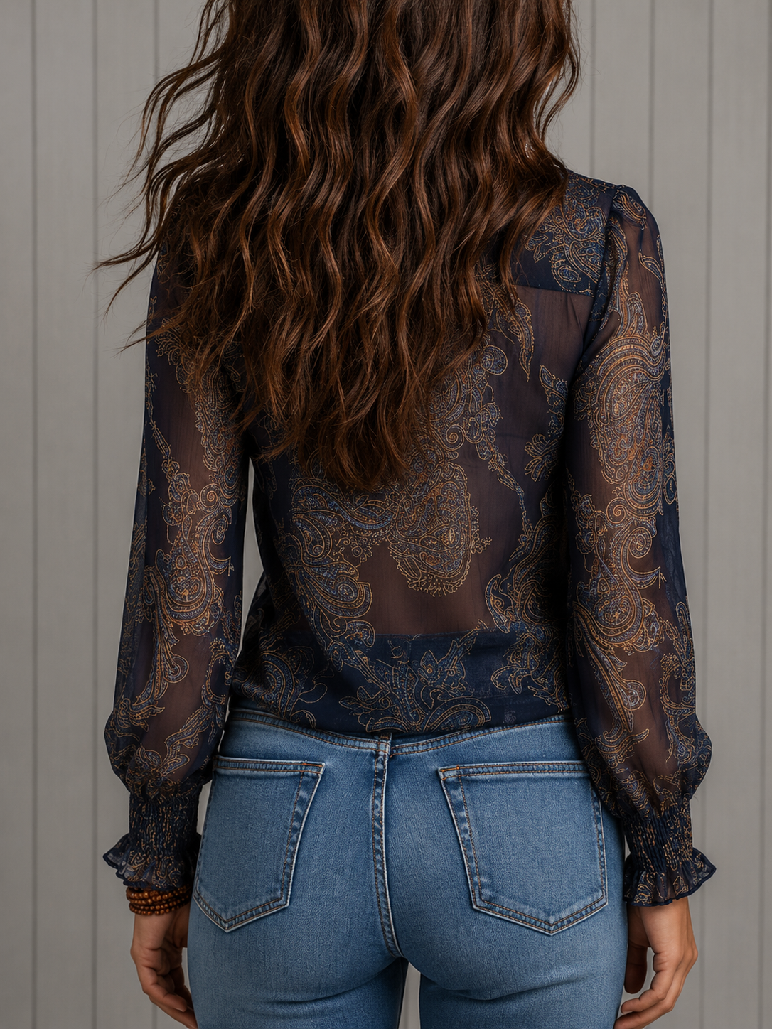 Elise | Baroque Paisley Ruffle Chiffon Blouse with Zip