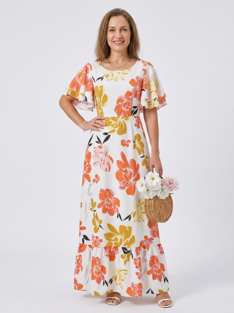 Elowen | Round Neck Short Sleeve Ruffled Maxi Dress