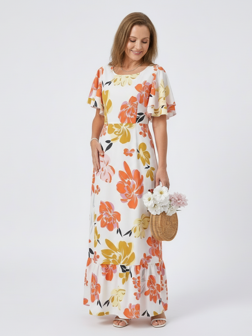 Elowen | Round Neck Short Sleeve Ruffled Maxi Dress