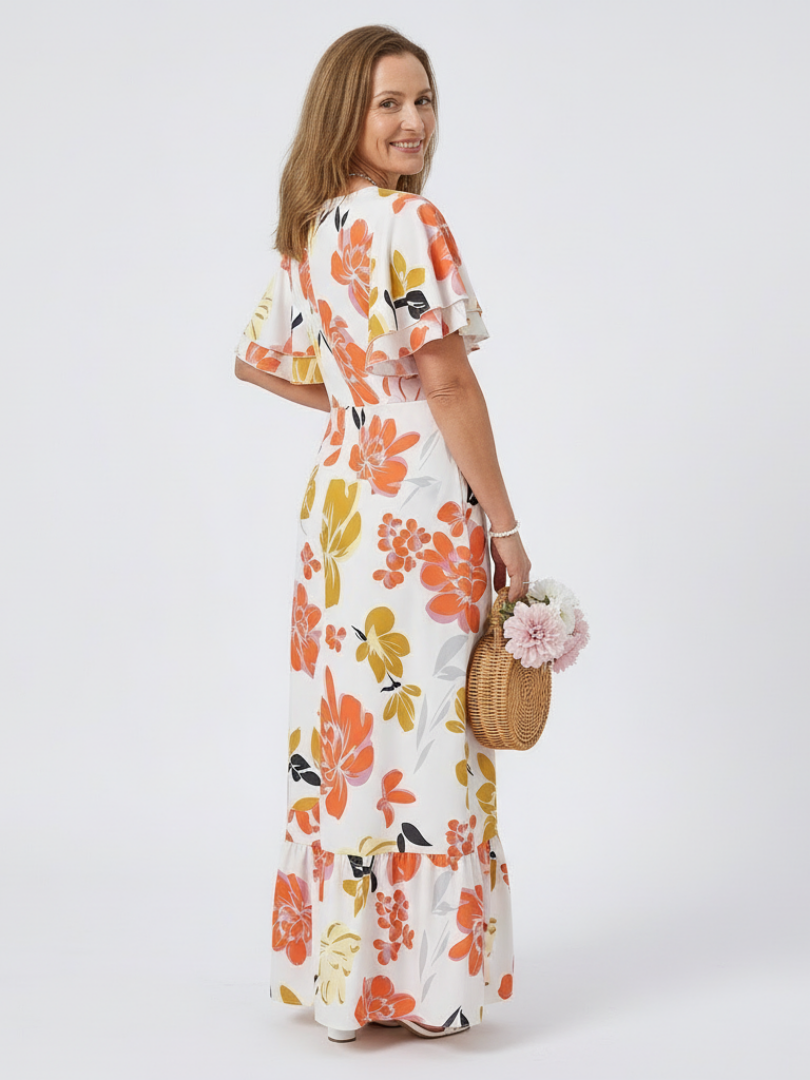 Elowen | Round Neck Short Sleeve Ruffled Maxi Dress