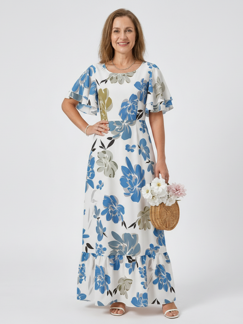 Elowen | Round Neck Short Sleeve Ruffled Maxi Dress