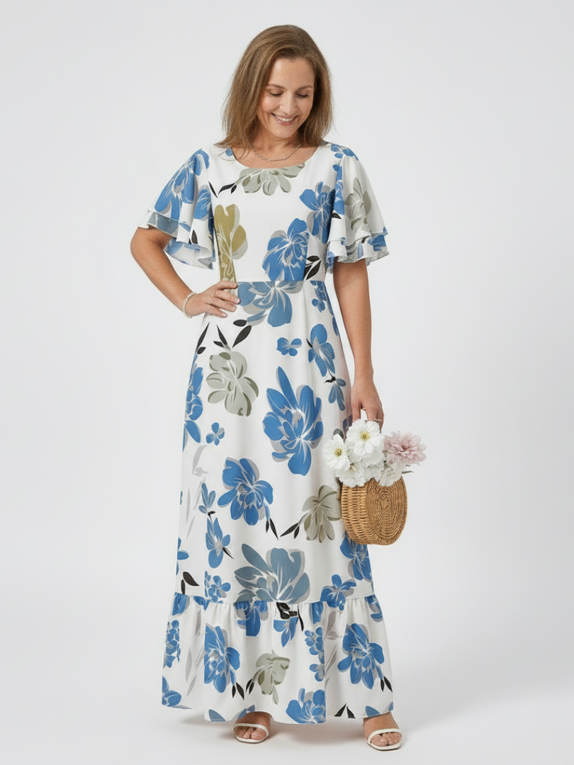 Elowen | Round Neck Short Sleeve Ruffled Maxi Dress