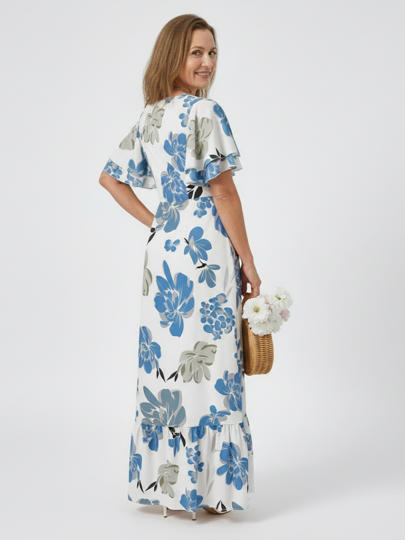 Elowen | Round Neck Short Sleeve Ruffled Maxi Dress