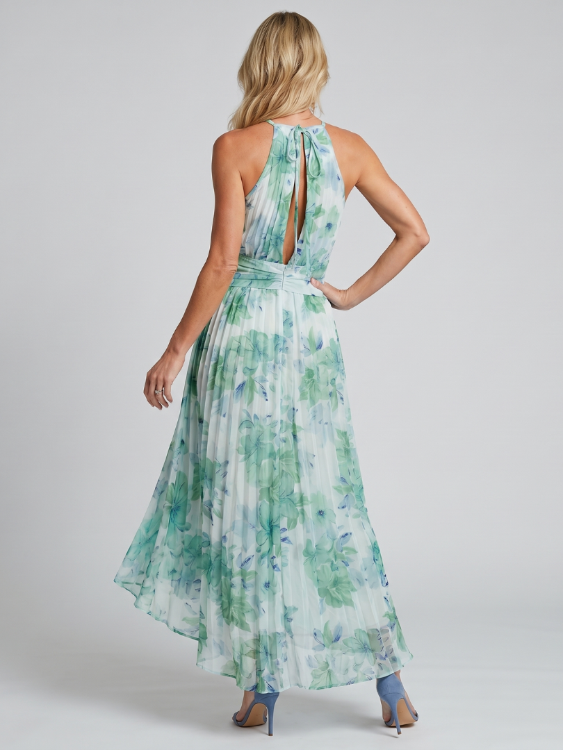 Portia | Pleated Halterneck Soft Floral Mini Dress