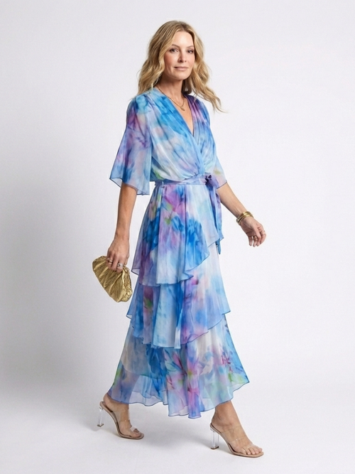 Calista | Sheer Layered V-Neck Tie-Waist Maxi Dress