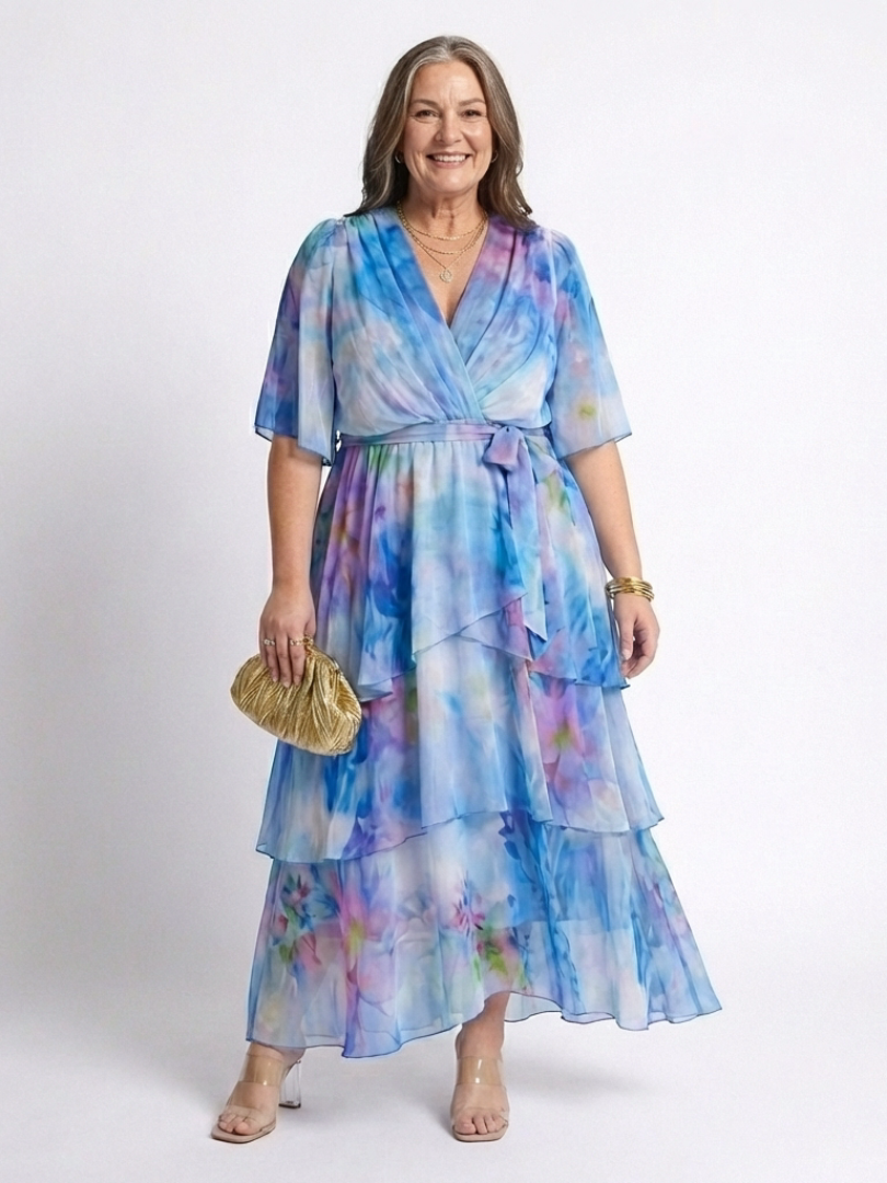 Calista | Sheer Layered V-Neck Tie-Waist Maxi Dress