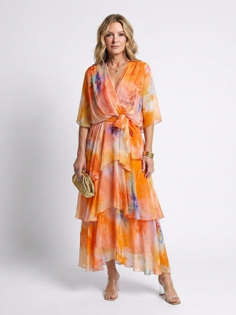 Calista | Sheer Layered V-Neck Tie-Waist Maxi Dress