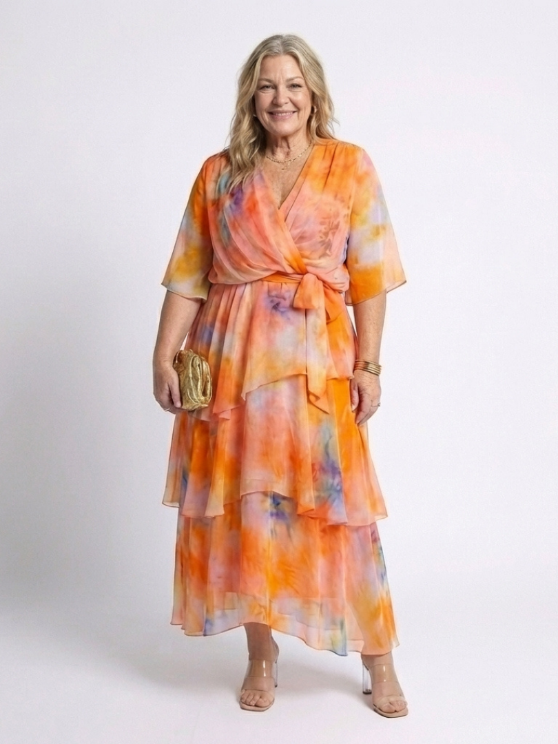 Calista | Sheer Layered V-Neck Tie-Waist Maxi Dress