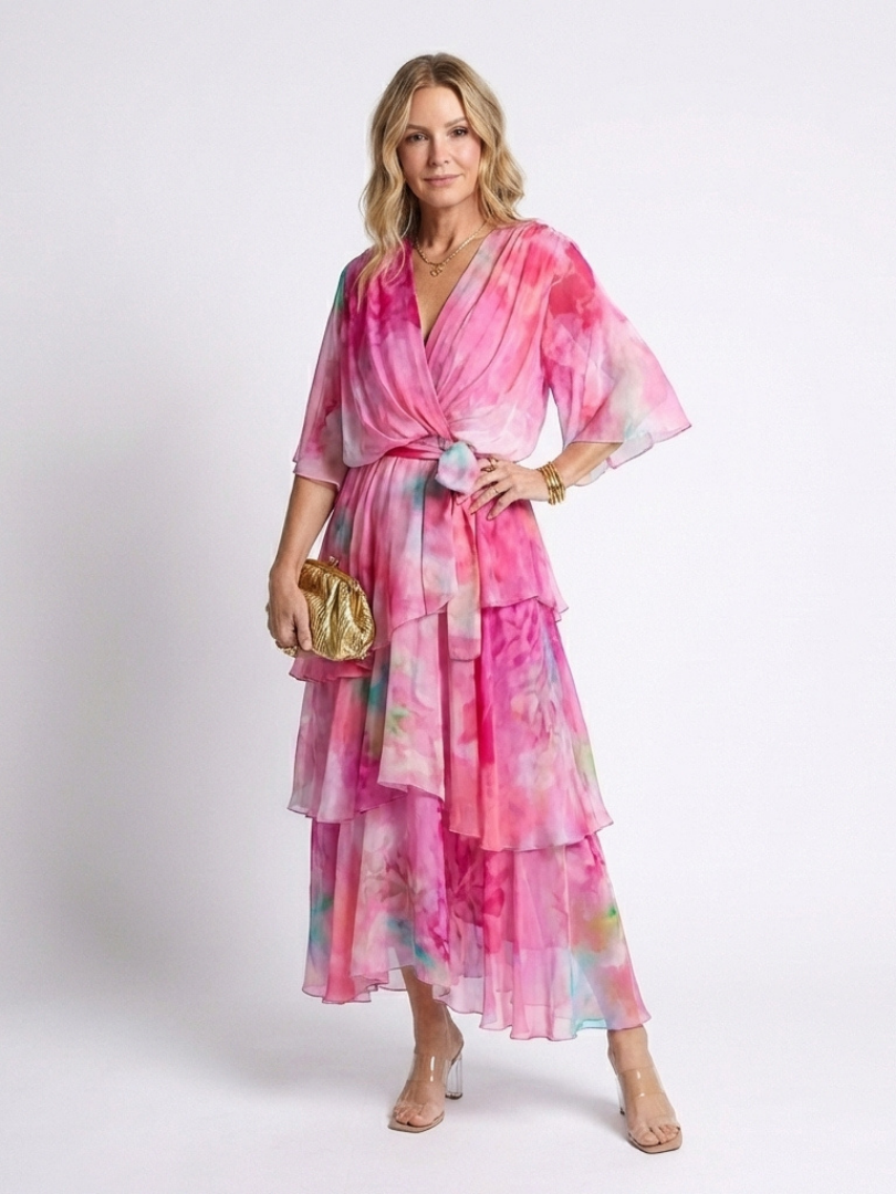 Calista | Sheer Layered V-Neck Tie-Waist Maxi Dress