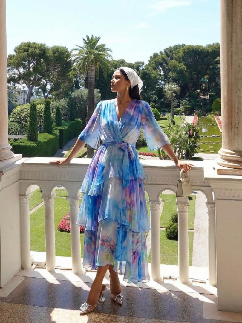 Calista | Sheer Layered V-Neck Tie-Waist Maxi Dress