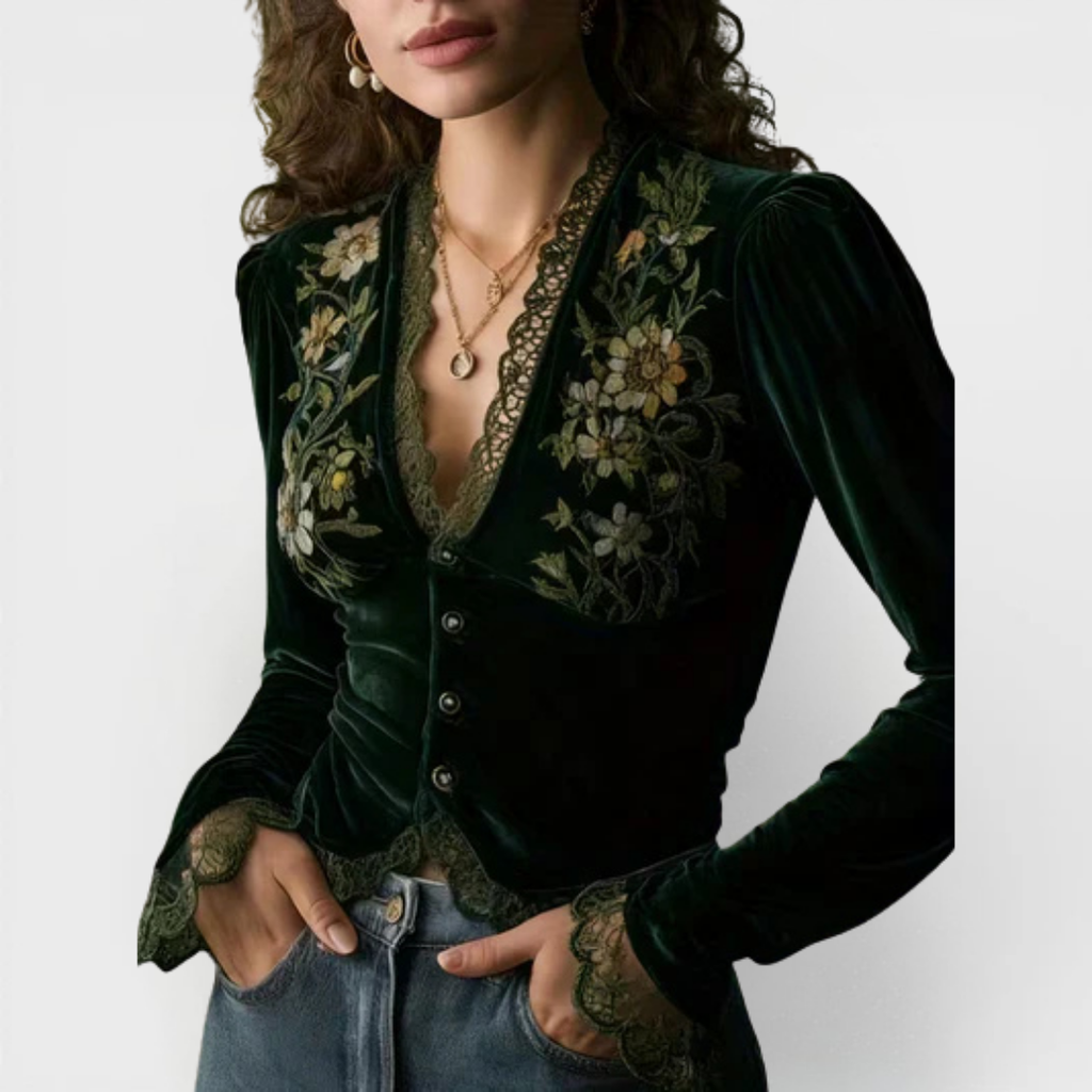Nora | Long Sleeve Velvet Blouse with Embroidered Flowers